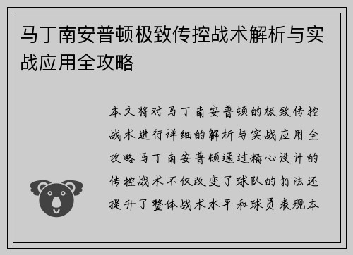 马丁南安普顿极致传控战术解析与实战应用全攻略